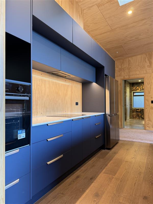 Navy handleless kitchen cabinetry with plywood splashback and stainless appliances