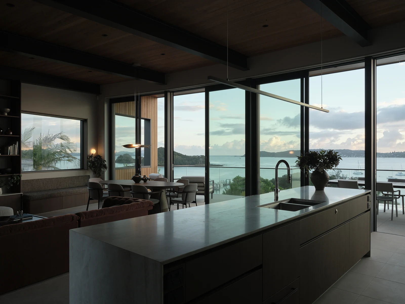 Early morning over the bay, seen across the kitchen island with the pendant lights on