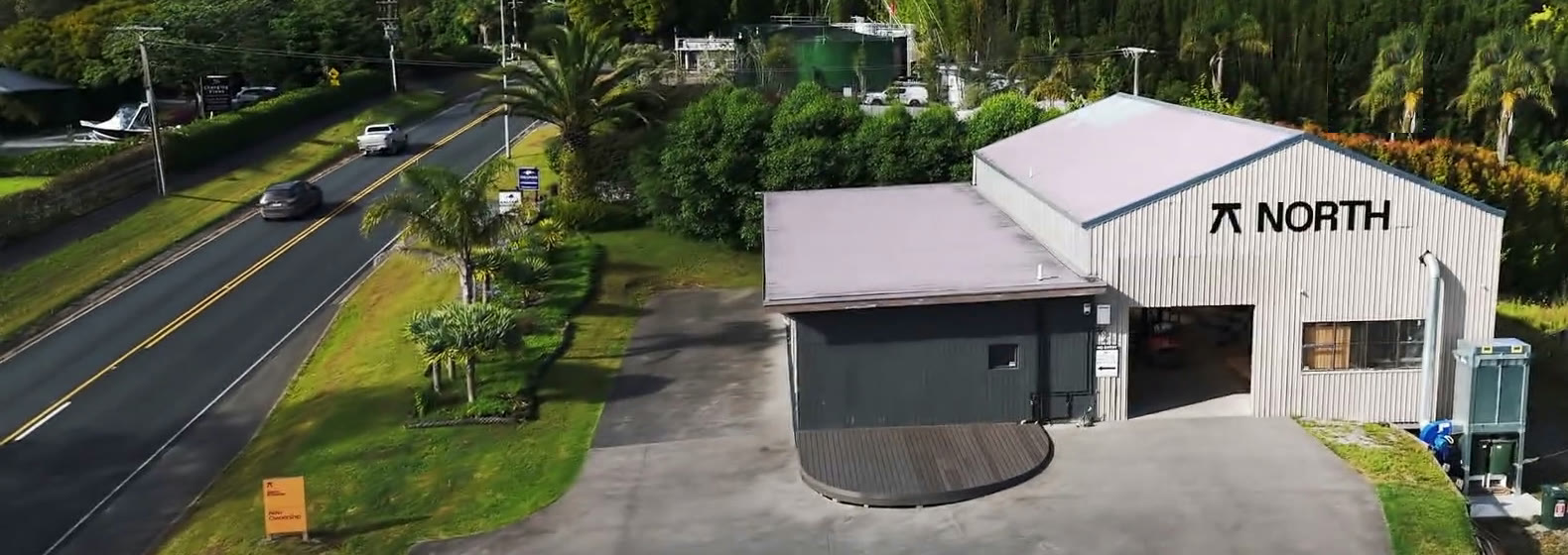 The North Interiors workshop and showroom at 394 Kerikeri Road, seen from the air